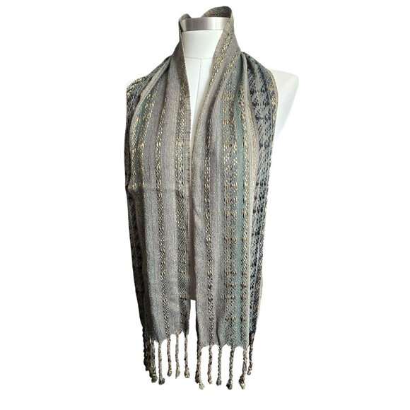 Handwoven Scarf Metallic Accent Fringe Green Gold and Black 72" CM2005 - Picture 1 of 7